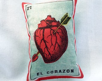 El Corazon Vintage Mexican Loteria Mini Pillow - Corazon / Heart circa 1920 - Dia De Los Muertos, Party Favor, Lavender Sache