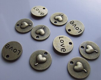 SET OF 5 ANTIQUE RELIEF HEART BRONZE PENDANTS LOVE 15MM