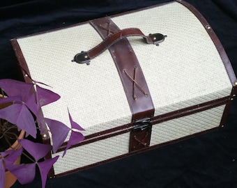 Small suitcase wood leather and cotton vintage