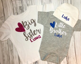 Big sister little brother personalized set/custom sibling set/Big sister little brother shirt set with beanie/custom siblings/new sibling