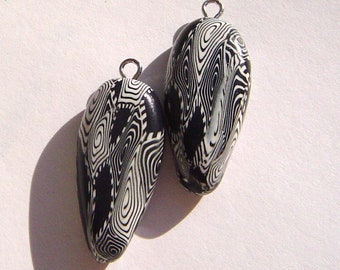 Black White Dagger Style Charm Handmade Artisan Polymer Clay Beads Pair