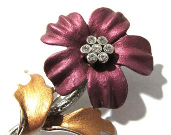 Purple Enamel Flower Pin VINTAGE Enamel Brooch FLOWER Silver Setting Gold Leaves Rhinestones Ready to Wear Fashion Jewelry (M92)