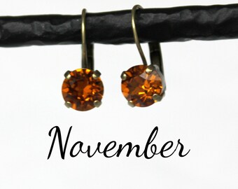 November Birthstone Drop Earrings - 8mm Topaz Swarovski Crystal Earrings