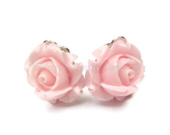 Pink Rose Spring Flower Clip On Earrings