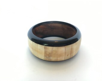 Vintage Bangle, Bone & Wood Bracelet Chunky Bohemian Chic Hippy Chick