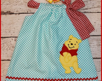 Winnie the Pooh Bear Pillowcase style dress matching hair bow available