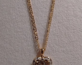 GOLD-FILLED Heart Locket Necklace with Rhinestones and Bow
