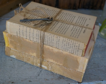Antique Coverles Stacked Books, Farmhouse Decor, Vintage Coverless Books, Bookworm for her, Skeleton Key, Unbound Books, French Country