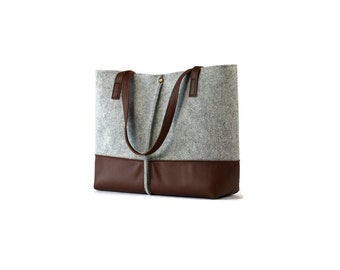 Leather tote bag, handmade bag,felt bag,felt & leather shoulder bag, tote, large tote bag, felt tote bag
