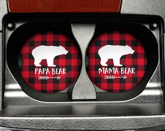 Mama Bear Papa Bear Car Coasters - Matching Set of Car Coasters Buffalo Plaid