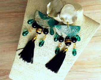 Long earrings in green and gold, polymer clay