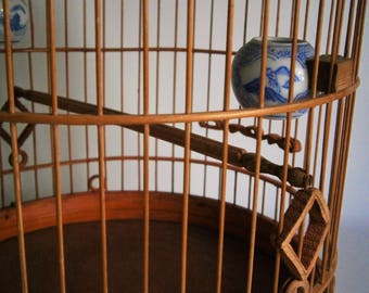 Birdcage / Vintage Birdcage / Wood Birdcage / Asian Birdcage / Oriental Birdcage / Handcrafted Birdcage / Birdcage With Porcelain Pots