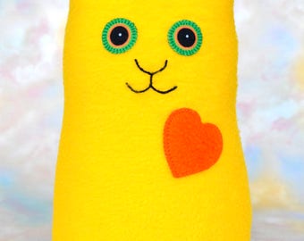 Handmade Cat, Stuffed Animal Plush Kids Baby Doll Art Toy, Hug Me Kitten, Personalized Hang Tag, Bright Yellow, Orange Fleece, 9 inch