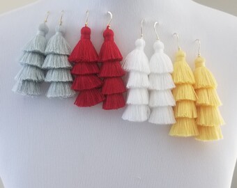 Tassel Earrings - Tiered Tassel Earrings - Statement Earrings - white Earrings - Black Earrings- - Long Earrings - Gold Earrings - handmade