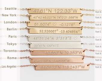 Custom Coordinates Necklace reversible, Latitude Longitude necklace, Location GPS Coordinates, Gold Filled, Silver, Rose Gold fill ZN00041
