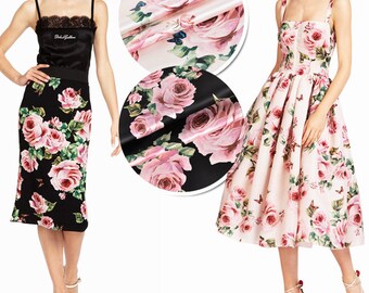 Rose Floral Butterfly Print Stretch Silk Satin Fabric for Apparel Width 46 inch