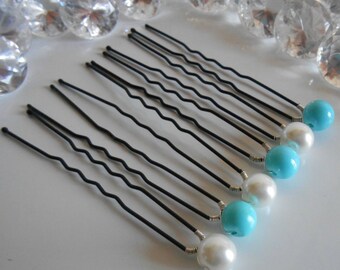 Lot 6 wedding hair pins with turquoise and white pearls