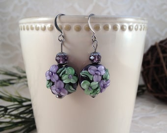 Handmade Lampwork Purple Earrings with Swarovski Crystals