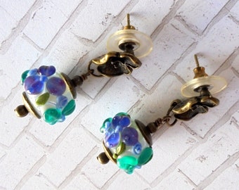 Aqua Blue and Purple Flower Lampwork Earrings (4159)