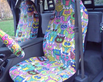 1 Set of Cute Owl Print, Seat Covers and the Steering Wheel Cover Custom Made.
