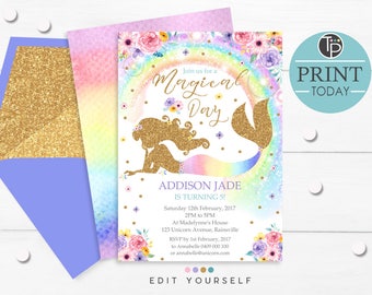 RAINBOW MERMAID INVITATIONS, Instant Download, Rainbow Mermaid Party Invitation, Rainbow Mermaid Birthday Invitation, Editable Mermaid, 0213