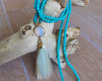Beach necklace, Boho chic necklace, Bohemian necklace, Tassel necklace, Feather necklace, bohemian long necklace