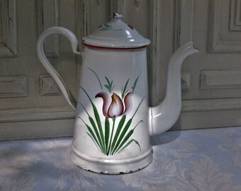 Enamel cafetiere coffee pot, French jug, beautiful vintage, white and red, tulip flowers, 1930's, enamelware, antique country kitchen chic
