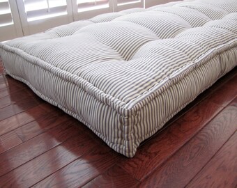 Custom Cushions, Blue Ticking Stripe, French Mattress Quilting, Hand Tufted Daybed Mattress, Window Seat or Bench Seat Cushion, Floor Pillow