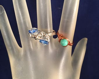 BOGO Copper and Turquoise Ring & Silver and Blue Ring, Two Wire Wrapped Rings Size 7.25, One of a Kind, Previously 30 Dollars ON SALE