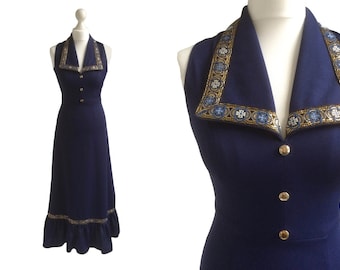 1970's Dress | 70's Maxi Dress | Vintage Dress | Navy Blue With Gold Brocade Long Dress
