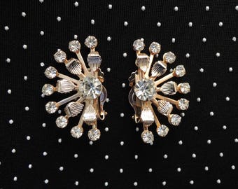 Mid Century Sputnik Atomic Space Age Rhinestone Earrings Signed Leru Designer 1950s Statement