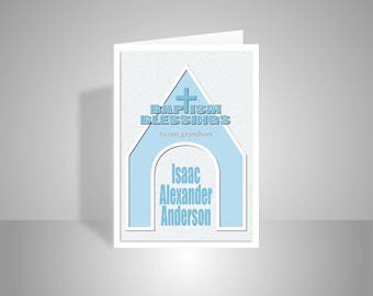 Grandson personalised baptism card for boy, blue religious edit name card for baby boy, blank inside personalised message church