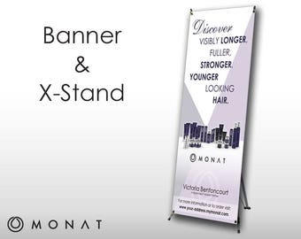 Monat Vertical Banner with Stand and Carrying Case - White with Purple Design -PRINTED and SHIPPED directly to YOU!