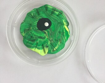 Mini Microbe Friend Sid With Petri Dish One Eyed Green Yellow and Black Swirl