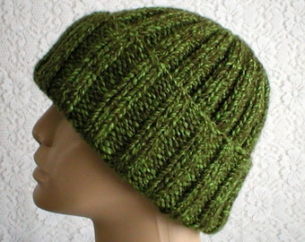 Green tweed watch cap, beanie hat, longshoremens cap, knit hat, toque, slouchy hat, green hat, mens womens hat, chemo cap, ski hiking hat
