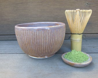Matcha Tea Set with Teabowl, Bamboo Wisk, and Tiny Dish in Light Sepia Blush Handcarved, Handmade Artisan Pottery by Licia Lucas Pfadt