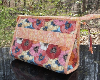 READY to SHIP-Open Wide Bag-MEDIUM-Perfect as a Sewing Kit, Lingerie Bag, Cosmetic/Toiletry Bag-Poppy, Pink, Red, Orange, Peach, Blue