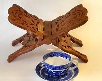 Vintage Indian Carved Sheesham Wood Bookstand, Bohemian Decor
