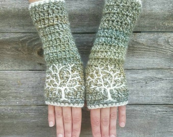 Fingerless Gloves with Tree of Life Embroidery in Green Blue Cream Arm Warmers Embroidered Hippie Boho fingerless gloves - MADE TO ORDER