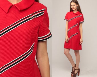 60s Mini Dress PETER PAN Collar Mod Shift Striped 70s Twiggy R&K Knits Vintage Short Sleeve Sixties Minidress Red Large