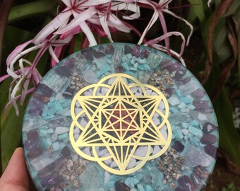 Hoku Star Merkbah Mandala Orgone Charging Plate with Amazonite, Sugilite, Kunzite, Maifanite and more (6" diameter)
