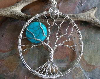 Moon Tree of Life Pendant Sterling Silver Necklace, Turquoise Moon Tree of Life Pendant Necklace, Wire Wrapped Moon Tree of Life Necklace