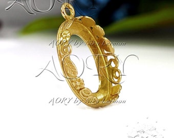 1pcs Brass Flowers and Leaves Bezel Pendant for 18x13mm Cabochon, 1201BR, Gallery Bezel 18x13mm, Shiny Brass Color, Made in Israel