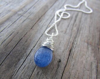 Kyanite Pendant necklace, small, simple, wire wrapped gemstone pendant