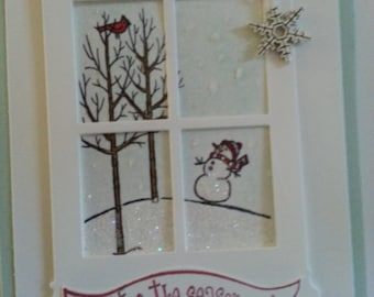 Looking through a snowy window (Snowman and a snowy landscape) holiday cards - set of ten