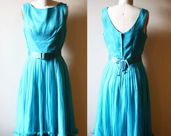 1960s blue chiffon dress // belted dress // vintage dress