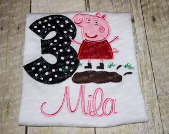 Peppa Pig Muddy Puddle Inspired Embroidery Top/Tank/Long Sleeve