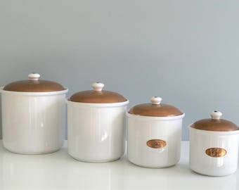 Set of White Ceramic and Copper Kitchen Canisters, Copper Canister Set