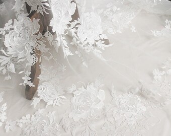 White embroidery Soft gauze mesh eyelash lace floral stitching fabrics wedding gown fabric,bridal dress tulle lace LLHB13