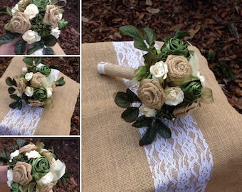 Bridal Bouquet Set, Burlap Ivory And Forest Green Bridesmaid Bouquets, Bridal Bouquet, Rustic Bridal Bouquet,Wedding Flowers